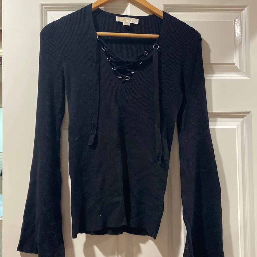 Michael more black flare sleeves lace v shirt top s